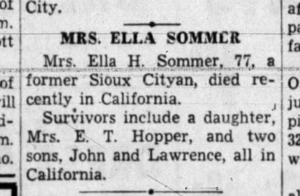 Bill's Aunt Ella Sommer, dies in CA. Children Named